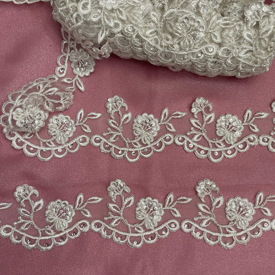 Beaded & Corded Lace Trimming Embroidered on 100% Polyester Net Mesh | Lace USA - 95951W/1-BP
