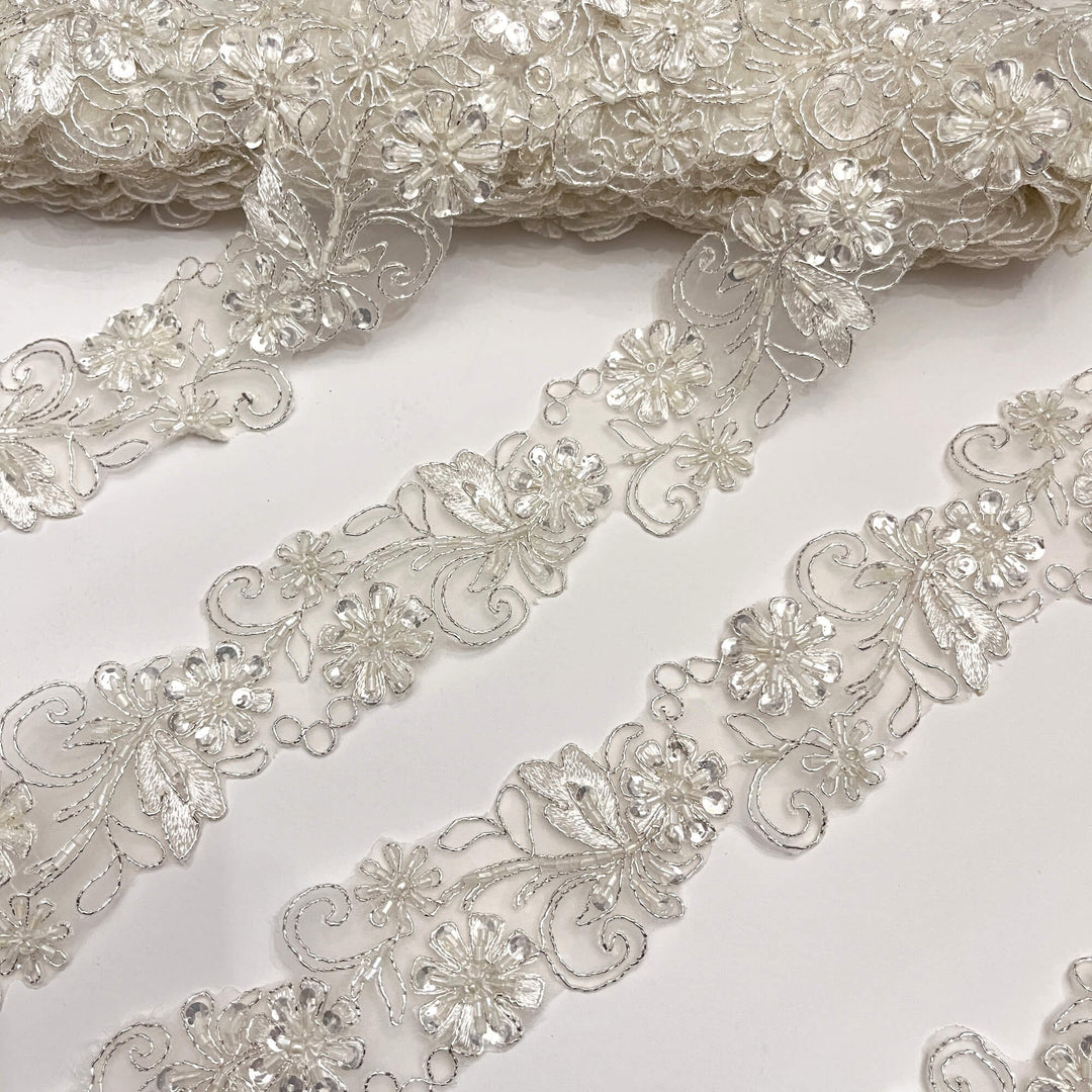 Beaded & Corded Lace Trimming Embroidered on 100% Polyester Net Mesh | Lace USA - 96283W-BP