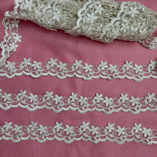 Beaded Ivory with Silver  Cording Lace Trimming Embroidered on 100% Polyester Net Mesh | Lace USA - 97012W-BP