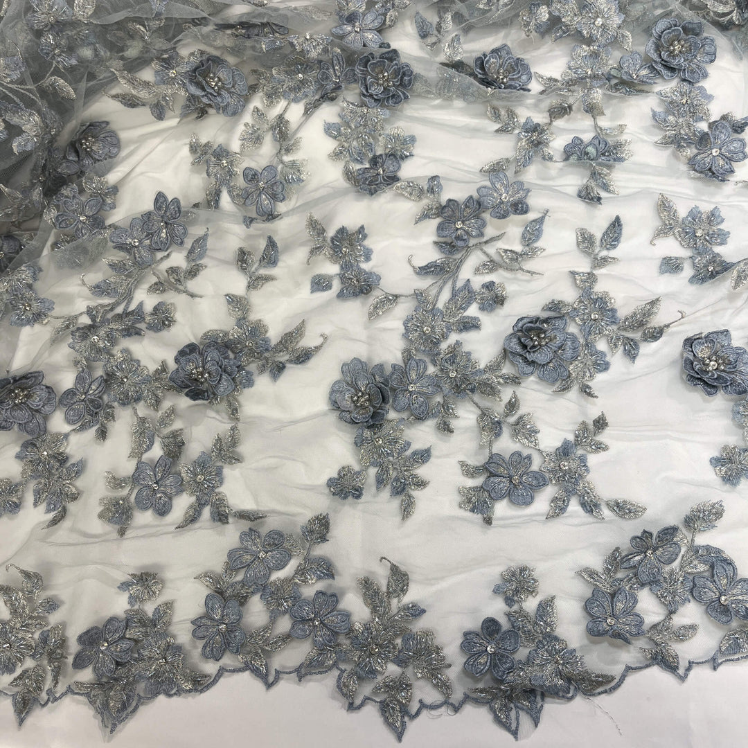 Light Blue Beaded 3D Floral Lace Embroidered on Net Mesh LaceUSA GD1613