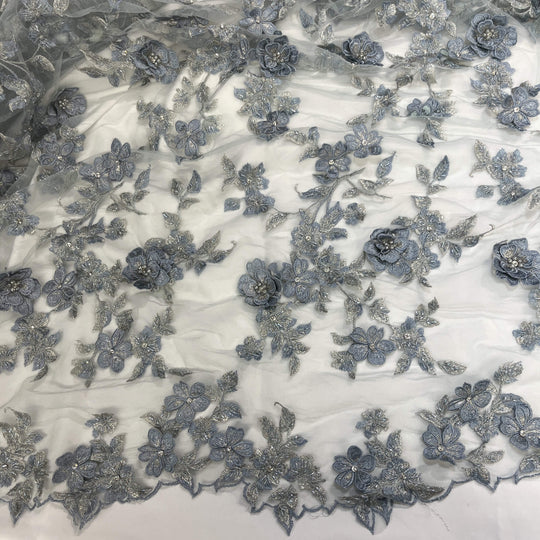 Light Blue Beaded 3D Floral Lace Embroidered on Net Mesh LaceUSA GD1613