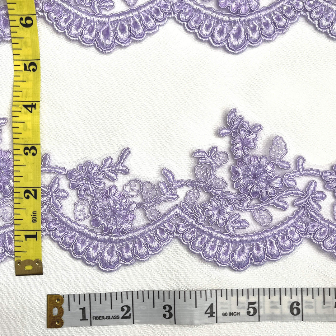 Lilac beaded corded floral scalloped lace Trim  embroidered on net mesh with measuring tape for scale - LaceUSA 96215WHB  