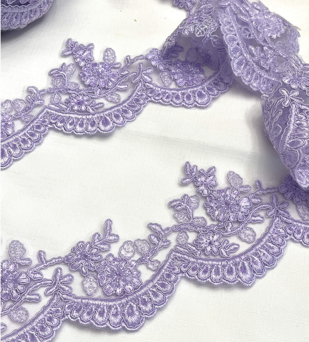 Lilac beaded corded floral scalloped lace Trim embroidered on net mesh- LaceUSA 96215WHB 