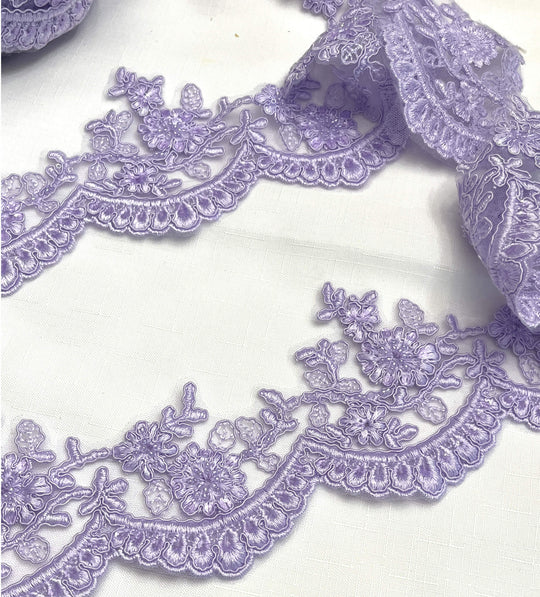 Lilac beaded corded floral scalloped lace Trim embroidered on net mesh- LaceUSA 96215WHB 