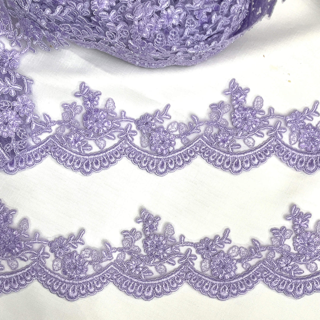 Lilac beaded corded floral scalloped lace Trim embroidered on net mesh - LaceUSA 96215WHB  