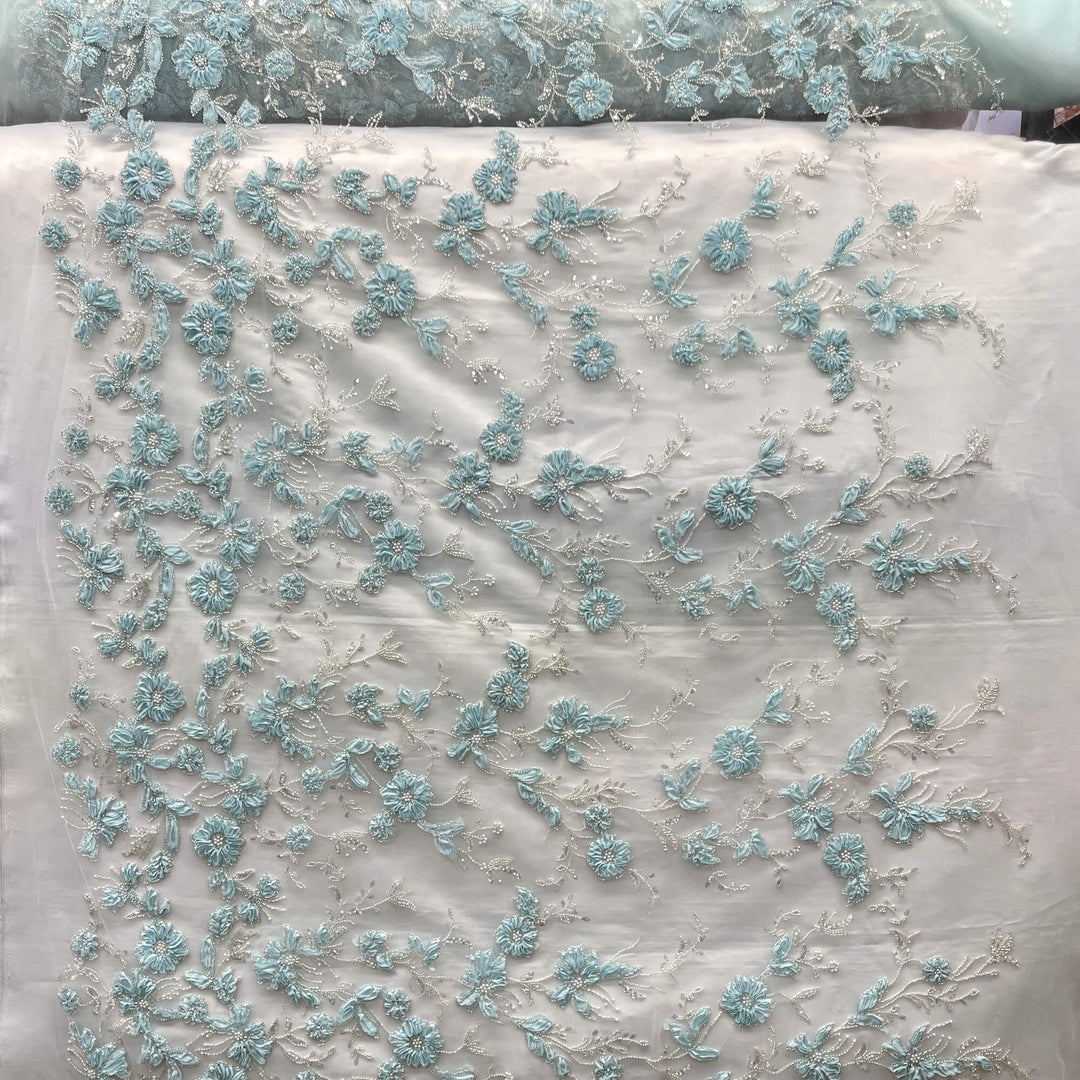 Beaded 3D Floral Lace Fabric Embroidered on 100% Polyester Net Mesh | Lace USA - GD-10143