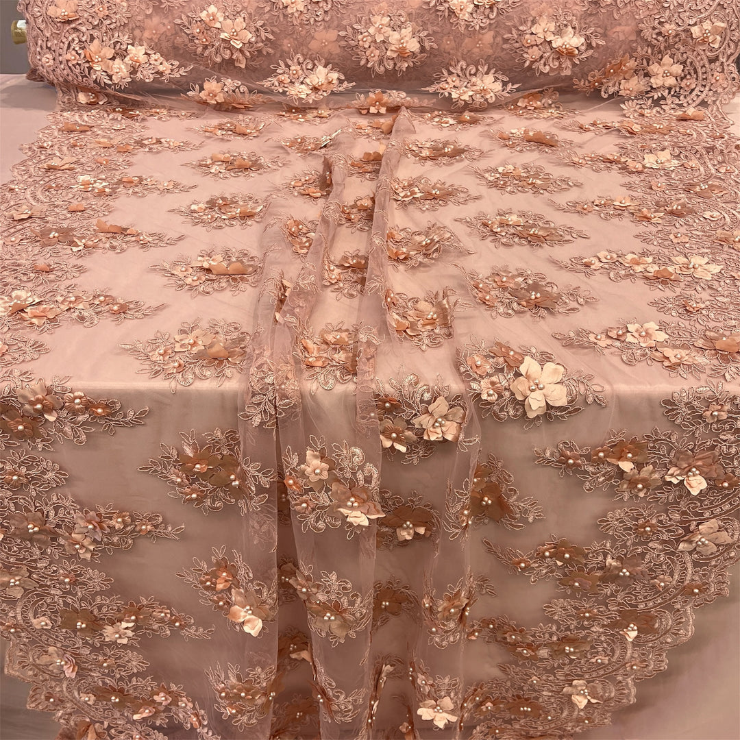Beaded 3D Floral Lace Fabric Embroidered on 100% Polyester Net Mesh | Lace USA - GD-982