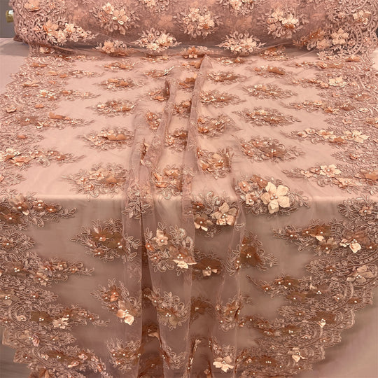 Beaded 3D Floral Lace Fabric Embroidered on 100% Polyester Net Mesh | Lace USA - GD-982