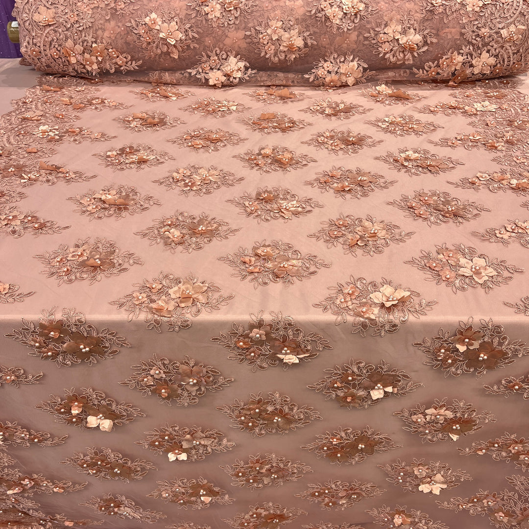 Beaded 3D Floral Lace Fabric Embroidered on 100% Polyester Net Mesh | Lace USA - GD-982