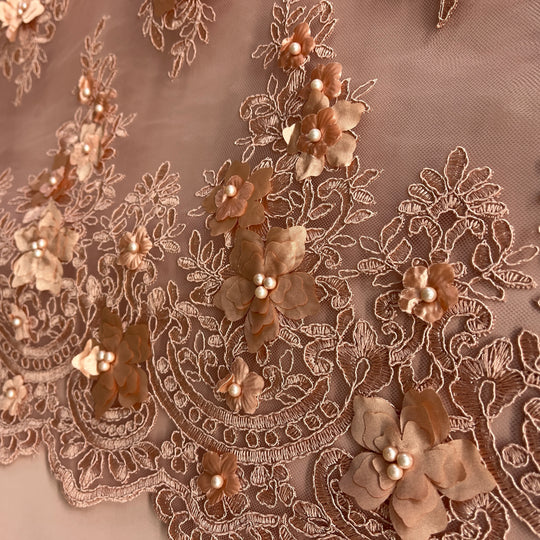 Beaded 3D Floral Lace Fabric Embroidered on 100% Polyester Net Mesh | Lace USA - GD-982