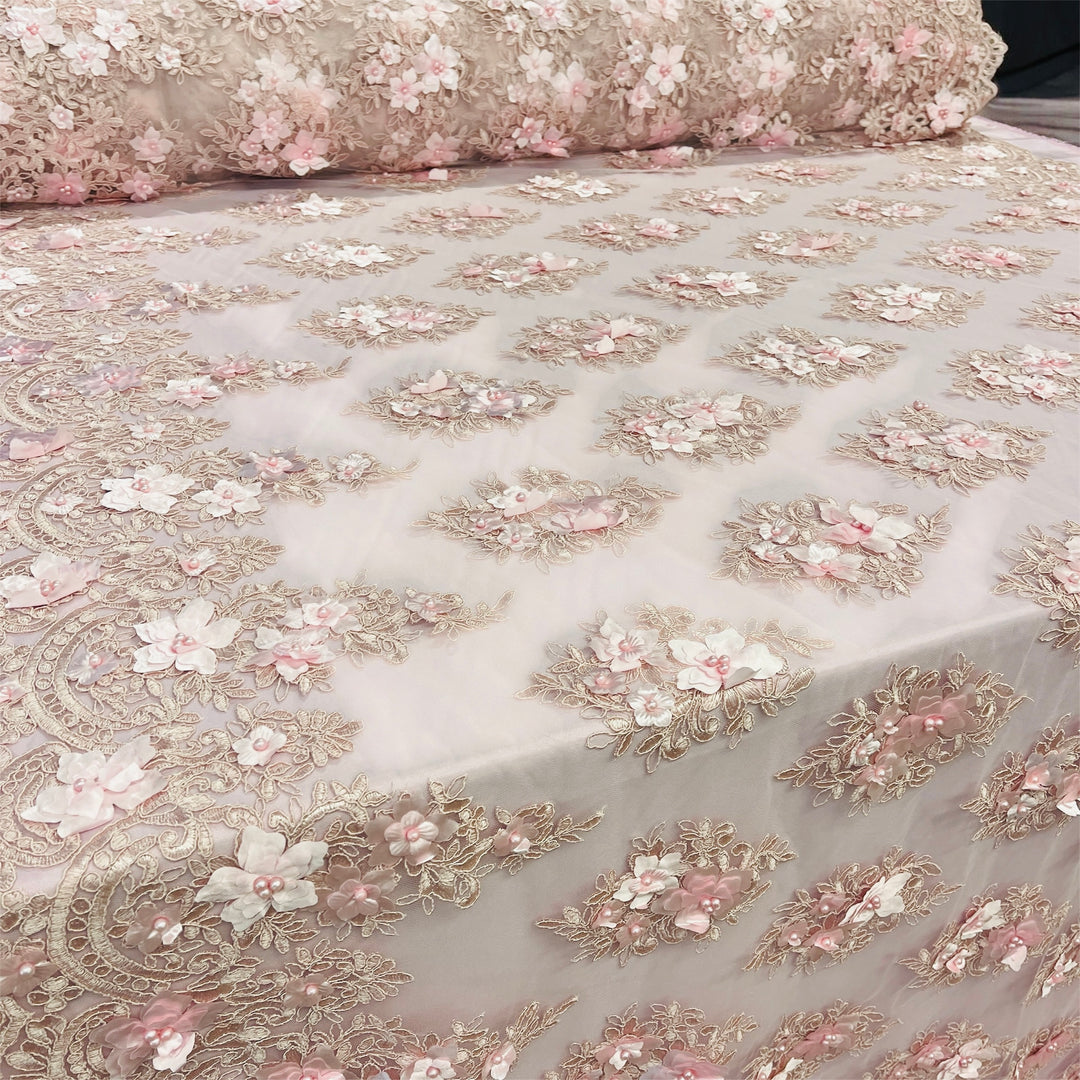 Beaded 3D Floral Lace Fabric Embroidered on 100% Polyester Net Mesh | Lace USA - GD-982