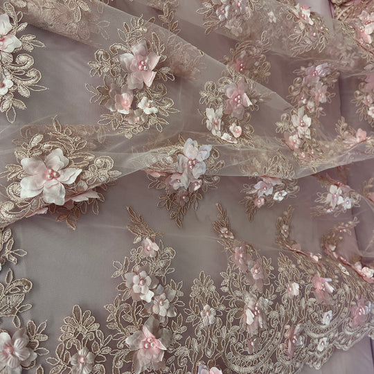 Beaded 3D Floral Lace Fabric Embroidered on 100% Polyester Net Mesh | Lace USA - GD-982