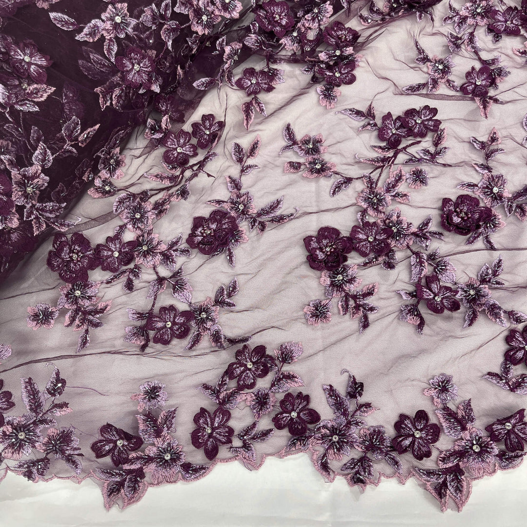 Section-view of Lace USA GD-1613 3D magenta floral lace with bead and rhinestone embellishments, featuring scalloped edging—ideal for gowns.