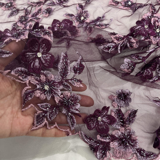 Closeup of Magenta Beaded 3D Lace Embroidered on Net Mesh LaceUSA Item # GD1613 