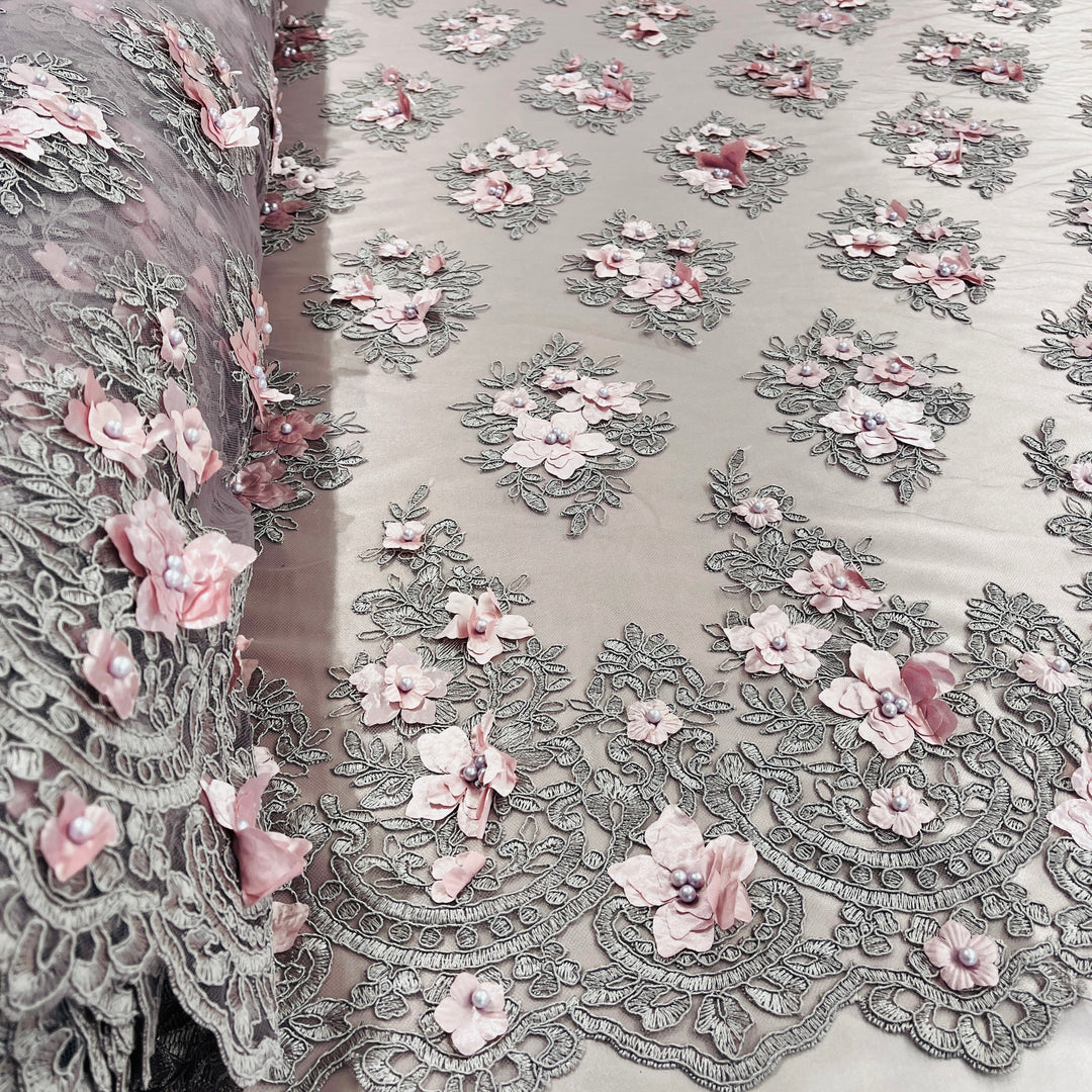 Beaded 3D Floral Lace Fabric Embroidered on 100% Polyester Net Mesh | Lace USA - GD-982