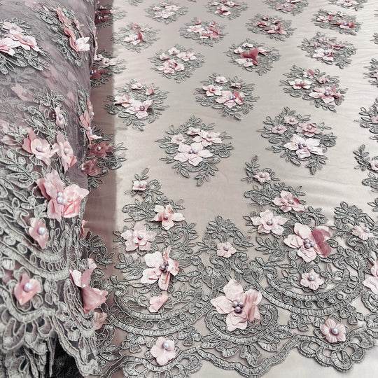 Beaded 3D Floral Lace Fabric Embroidered on 100% Polyester Net Mesh | Lace USA - GD-982