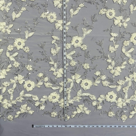 Beaded 3D Floral Lace Fabric Embroidered on 100% Polyester Net Mesh | Lace USA - GD-10143