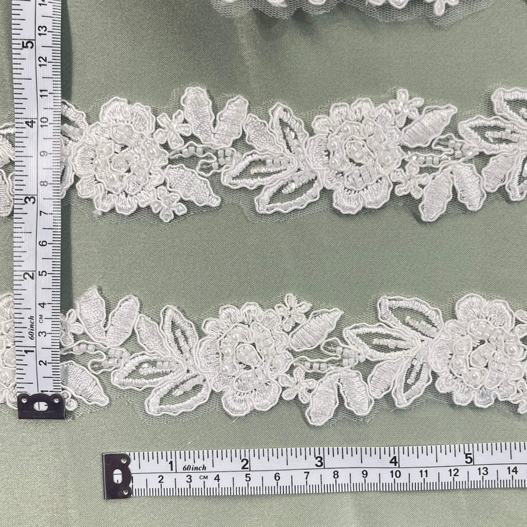 Beaded & Corded Lace Trimming Embroidered on 100% Polyester Organza or Net Mesh | Lace USA - 96279W-BP