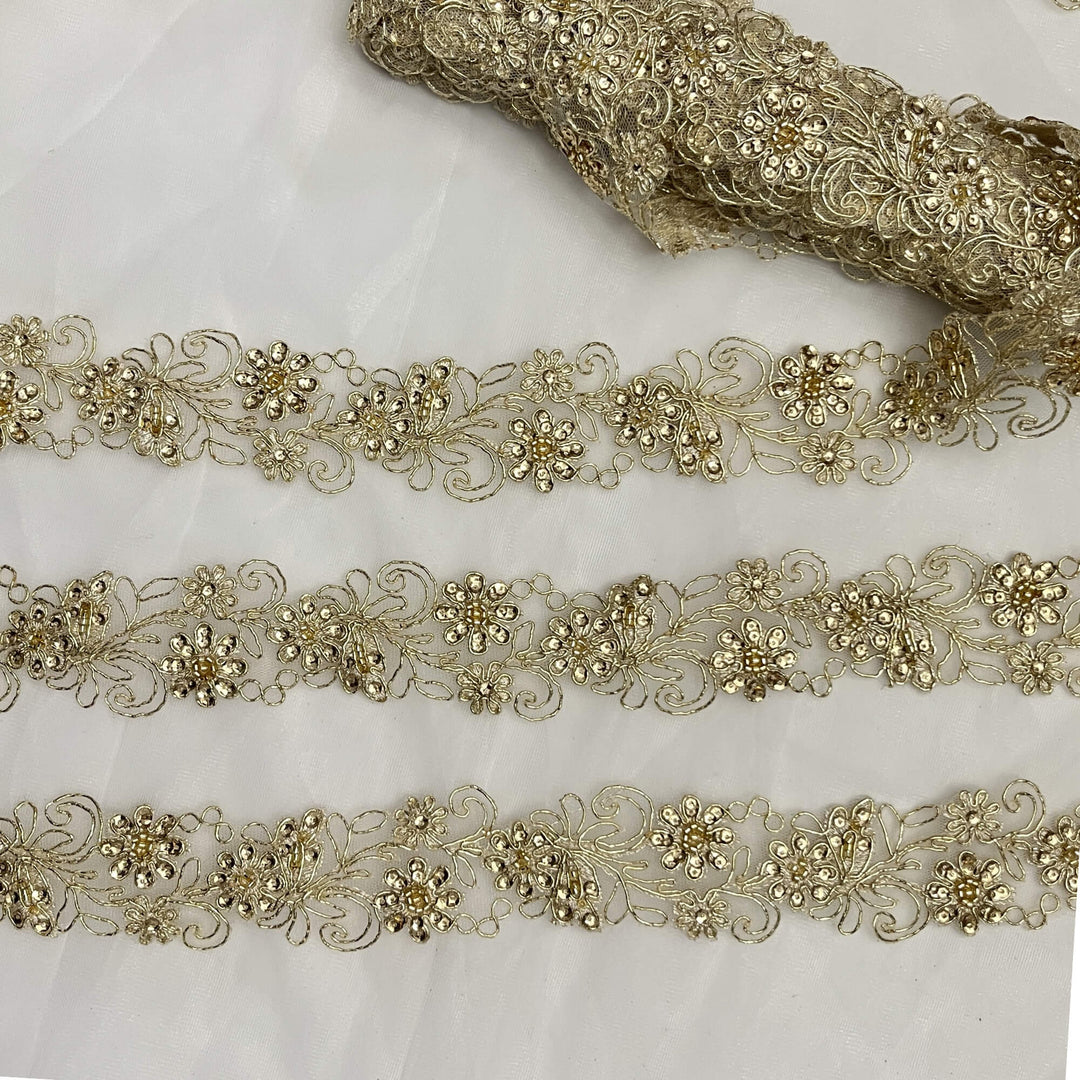 Beaded & Corded Lace Trimming Embroidered on 100% Polyester Net Mesh | Lace USA - 96283W-BP