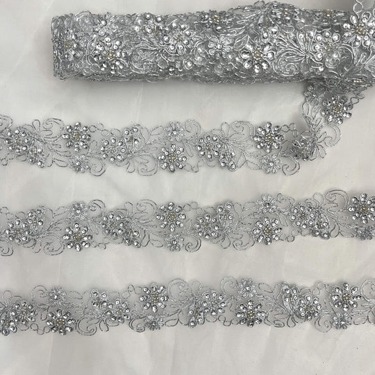 Beaded & Corded Lace Trimming Embroidered on 100% Polyester Net Mesh | Lace USA - 96283W-BP