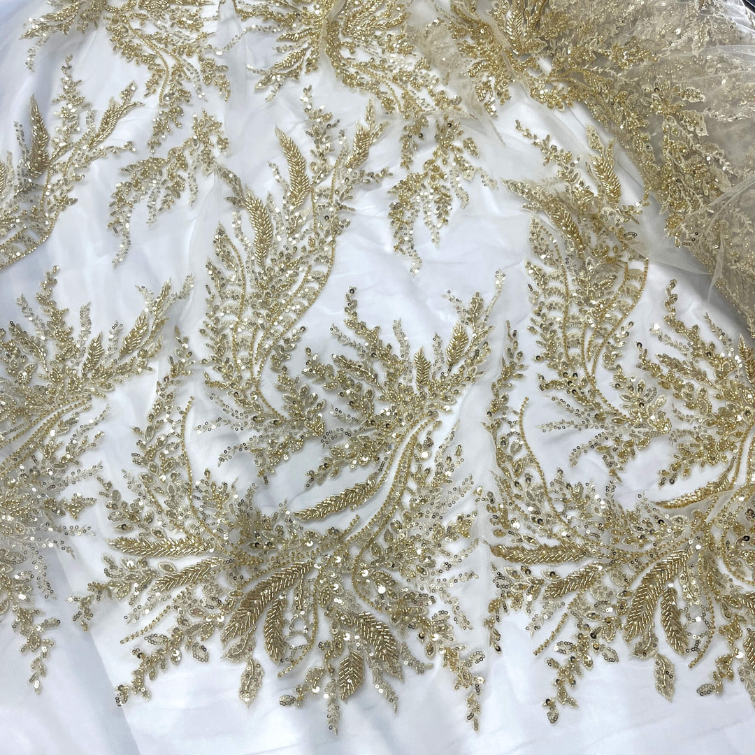 Partial view of Gold lace with beaded vines, sequins, and fine embroidery on sheer mesh – stunning for couture and evening wear - LaceUSA GD-12695