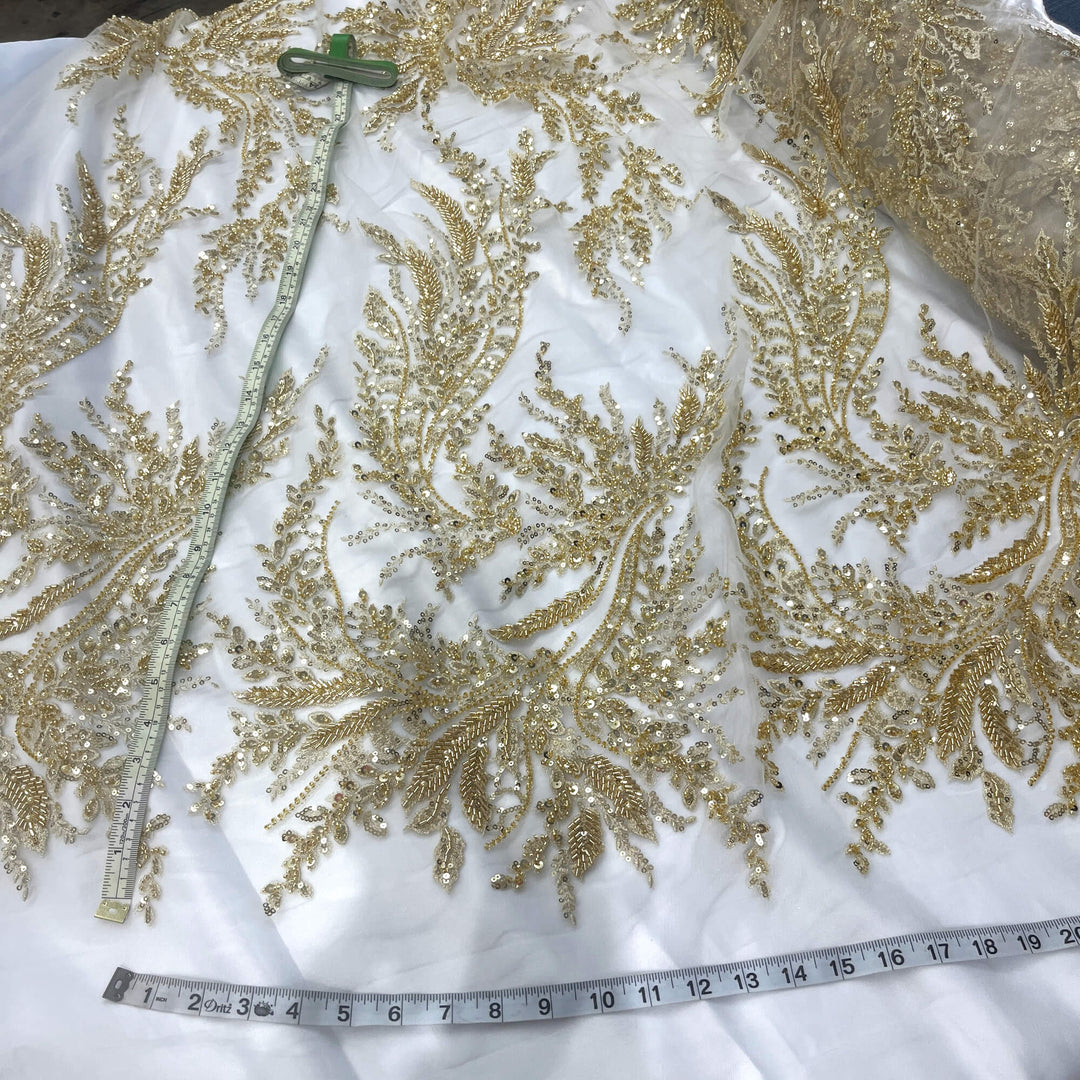  view of Gold lace with beaded vines, sequins, and fine embroidery on sheer mesh with measurement  – stunning for couture and evening wear - LaceUSA GD-12695