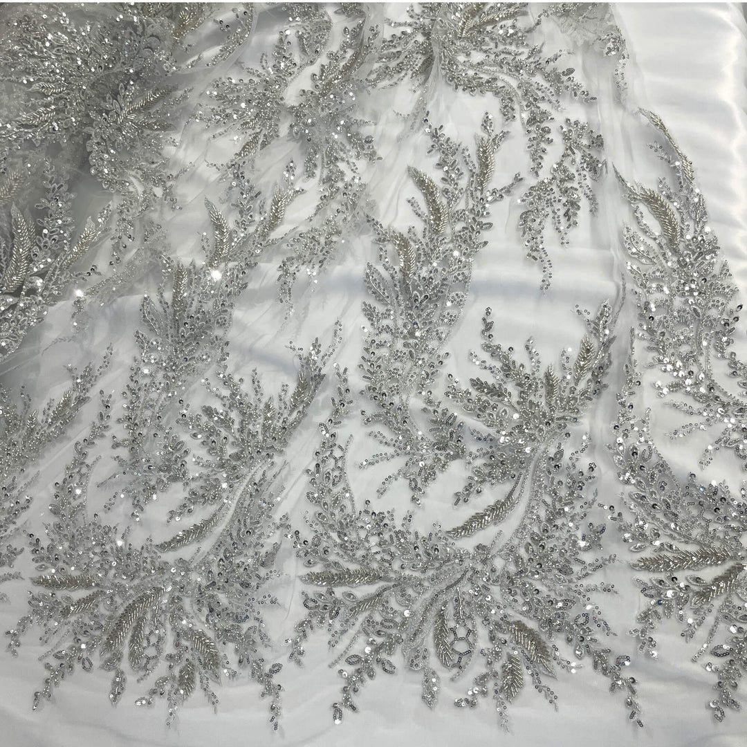 Partial view of Silver beaded  and sequined vine lace on mesh  – great for gowns and costume design  - LaceUSA GD-12695