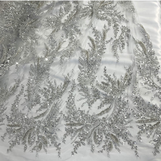 Partial view of Silver beaded  and sequined vine lace on mesh  – great for gowns and costume design  - LaceUSA GD-12695
