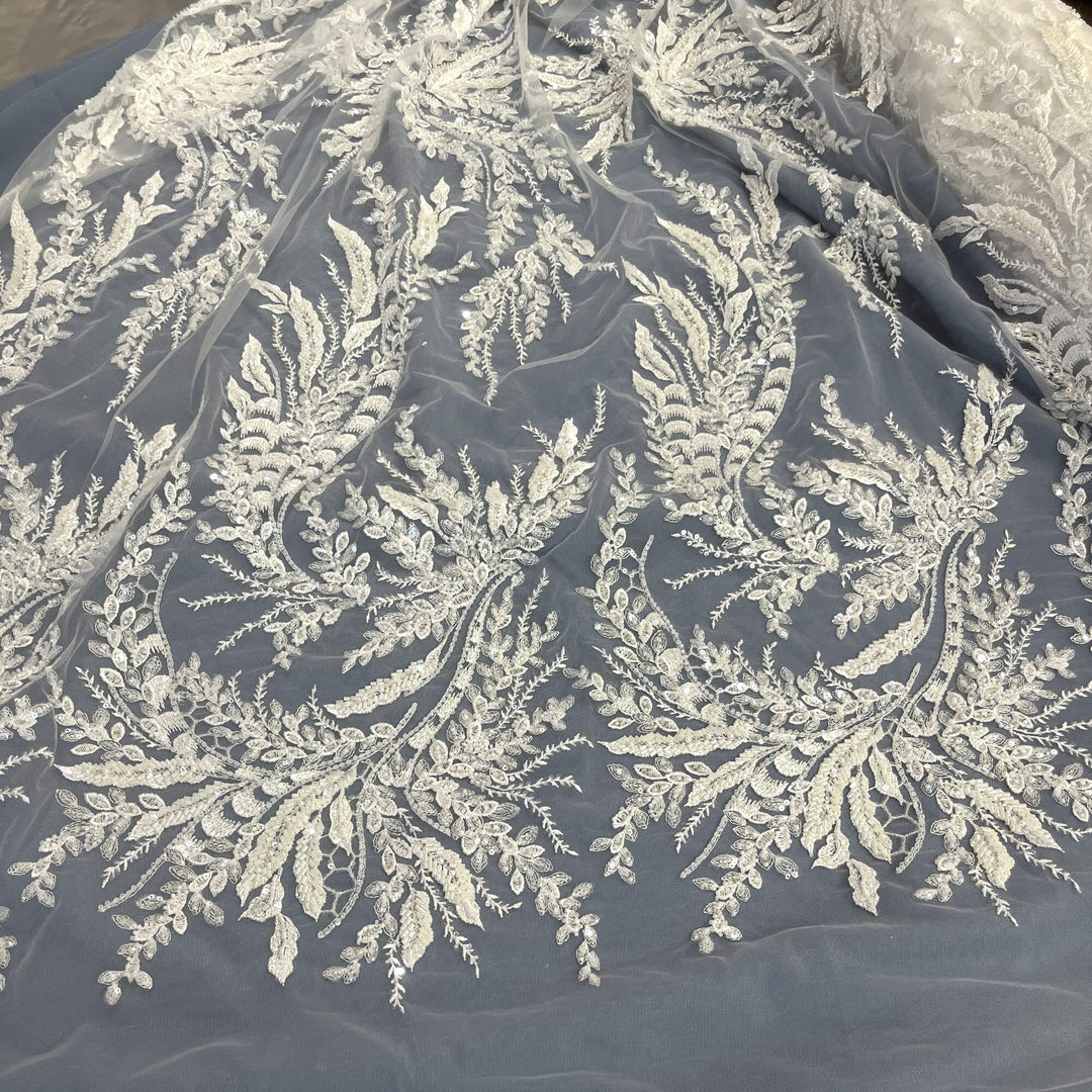 Partial view of Beaded vine and leaf lace in white with sequins and bugle beads on mesh – perfect for bridal gowns and Dance Costumes - LaceUSA_GD12695