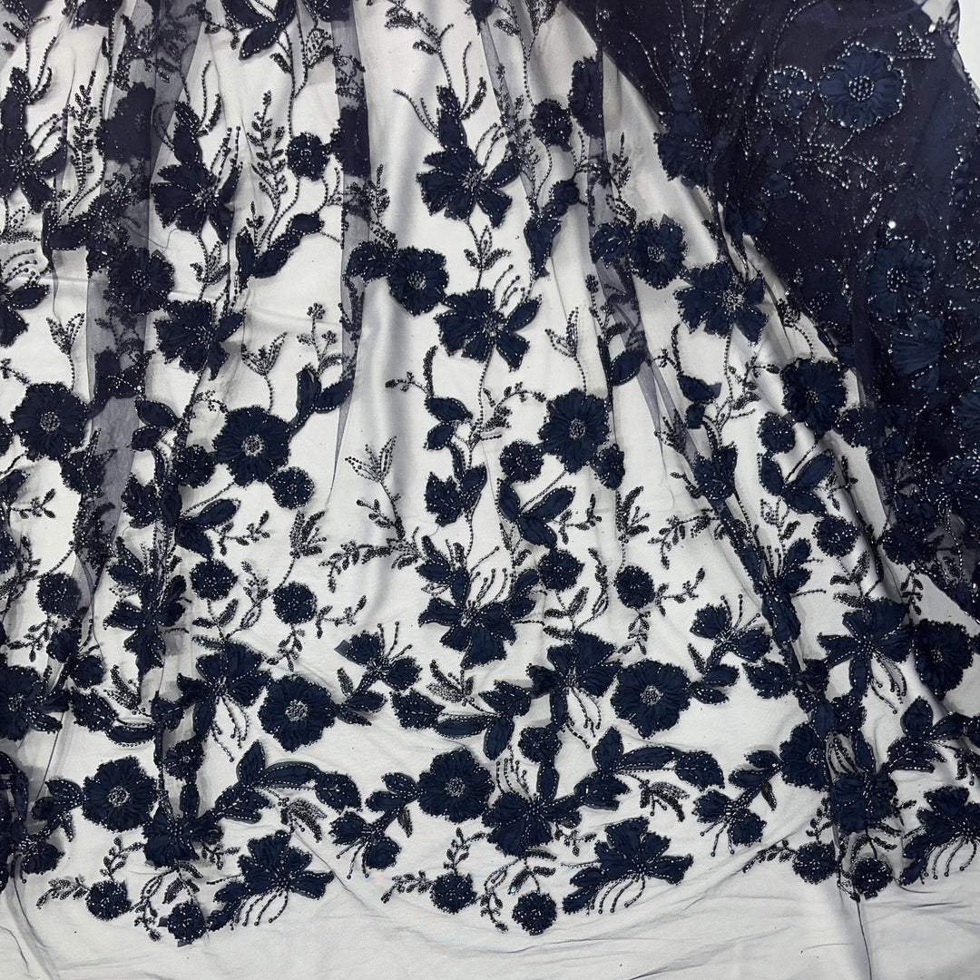 Beaded 3D Floral Lace Fabric Embroidered on 100% Polyester Net Mesh | Lace USA - GD-10143