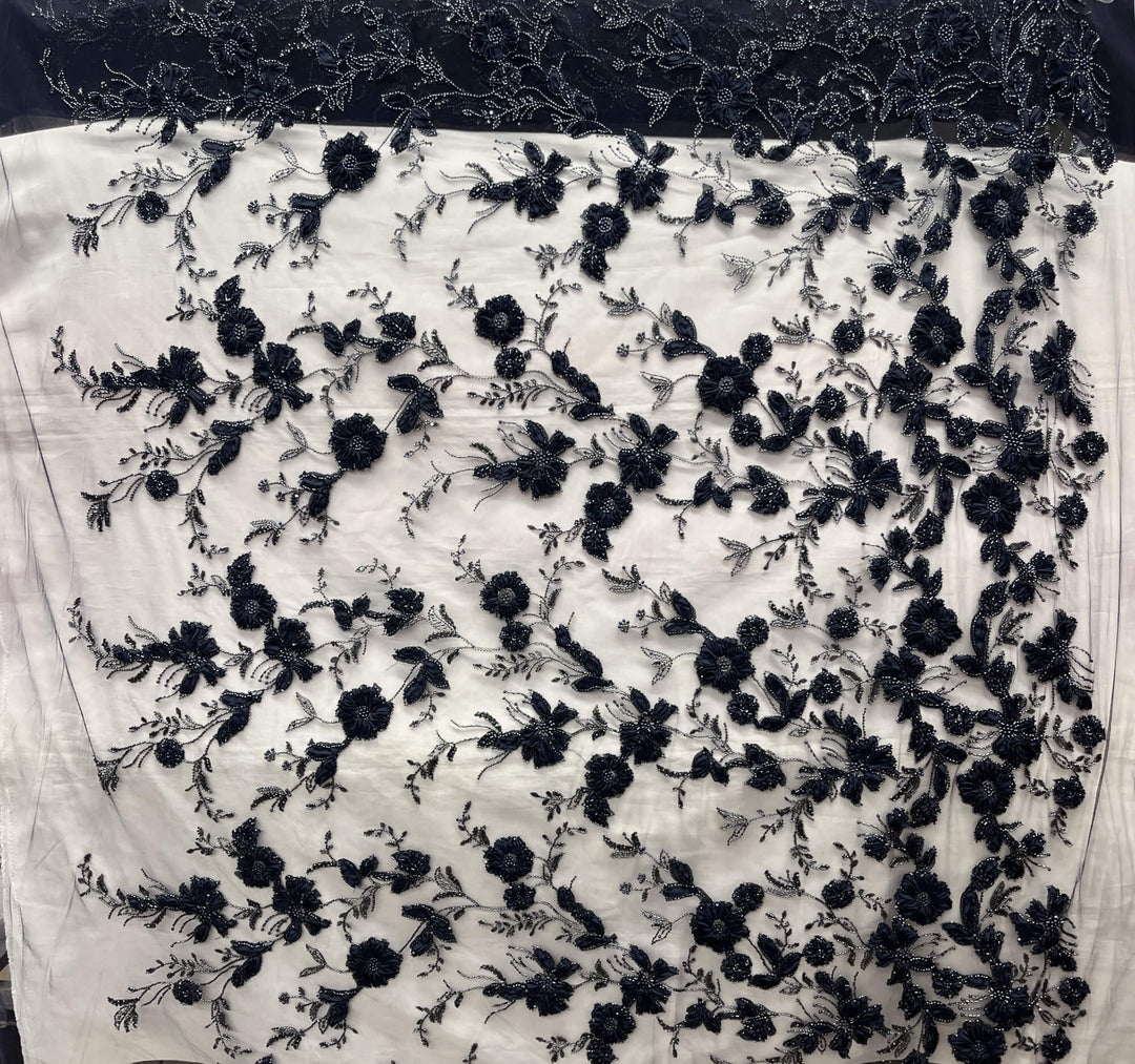 Full view of Beaded Navy 3D floral lace fabric with tulle flowers, pearls and sequins on mesh – bridal lace by the yard