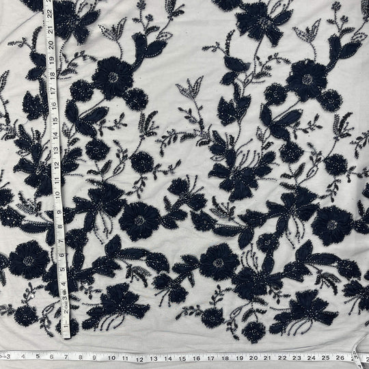 Navy beaded 3D floral lace fabric with 3D flowers pearls and sequins on mesh with measuring tape -LaceUSA GD-10143-7