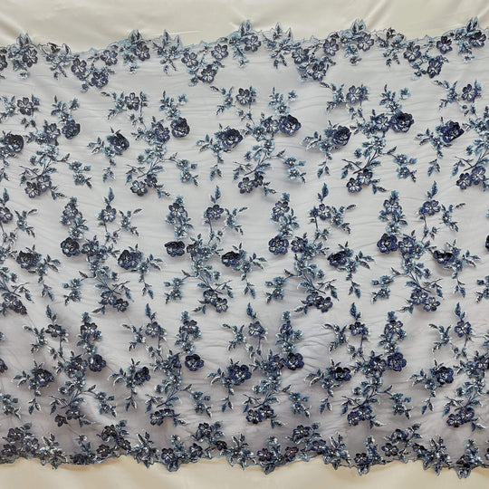 Full View of Navy  Beaded 3D Floral Lace-Fabric Embroidered on net mesh by LaceUSA  item GD1613 