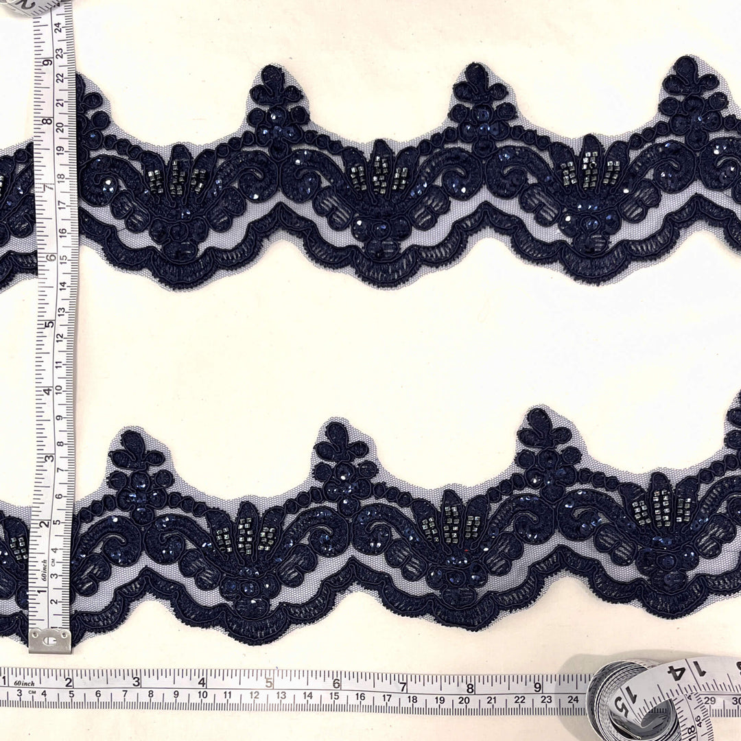 Beaded & Corded Lace Trimming Embroidered on 100% Polyester Net Mesh | Lace USA - KZ-34W-HB