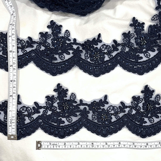 Adorno de encaje floral con cordón y cuentas bordado en malla de red 100 % poliéster | Encaje EE. UU.