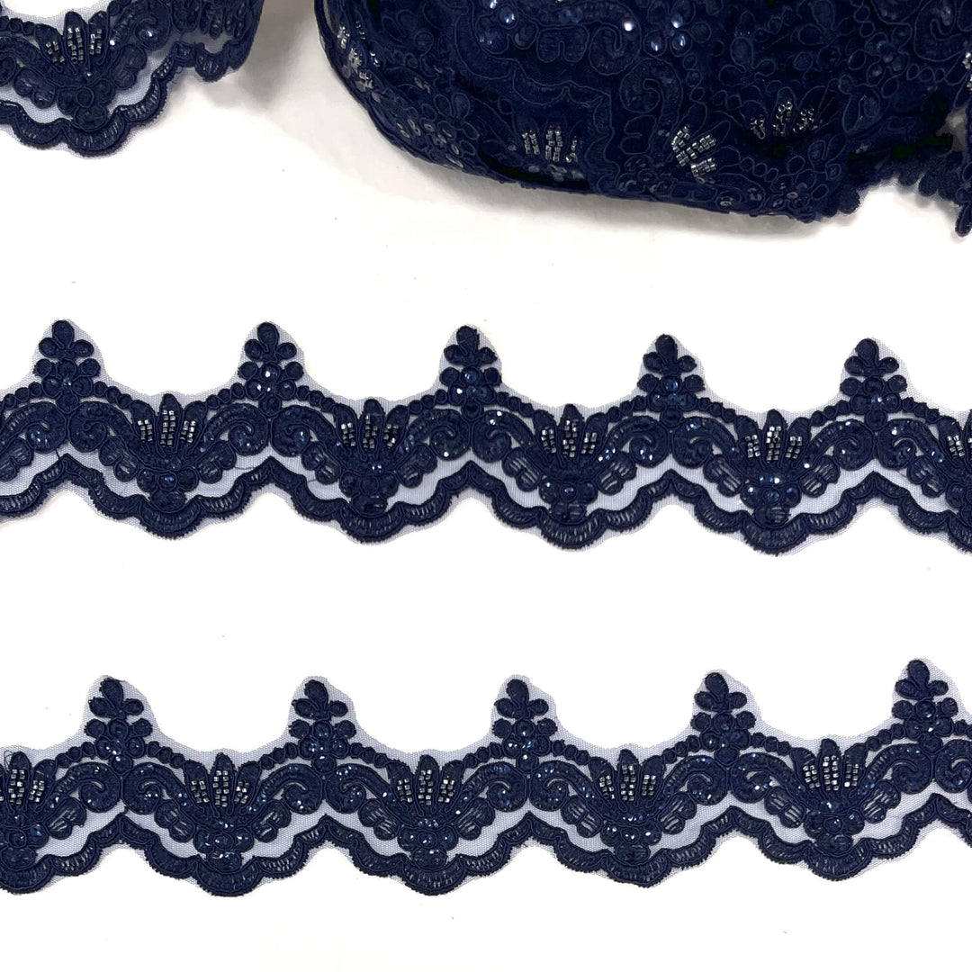 Beaded & Corded Lace Trimming Embroidered on 100% Polyester Net Mesh | Lace USA - KZ-34W-HB