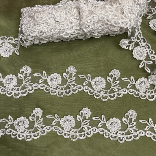 Beaded & Corded Lace Trimming Embroidered on 100% Polyester Net Mesh | Lace USA - 95951W/1-BP