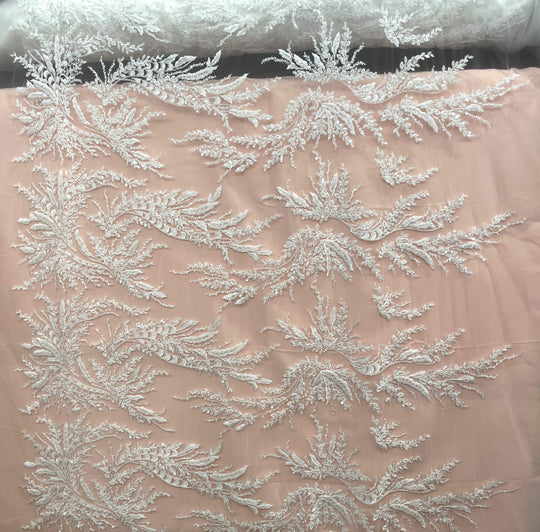 Full view of Beaded Off White lace fabric with embroidered leaf design, sequins, and beads – ideal for Bridal gowns and Dance Costumes GD12695
