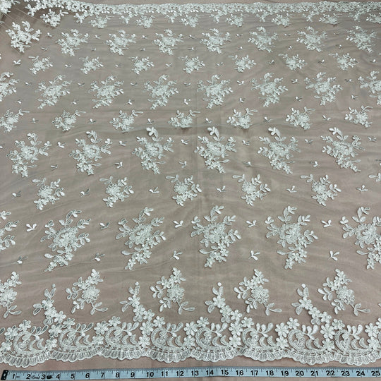 Off White/ Ivory Beaded & Corded Bridal Lace Fabric Embroidered on 100% Polyester Net Mesh | Lace USA - 91436W-HB