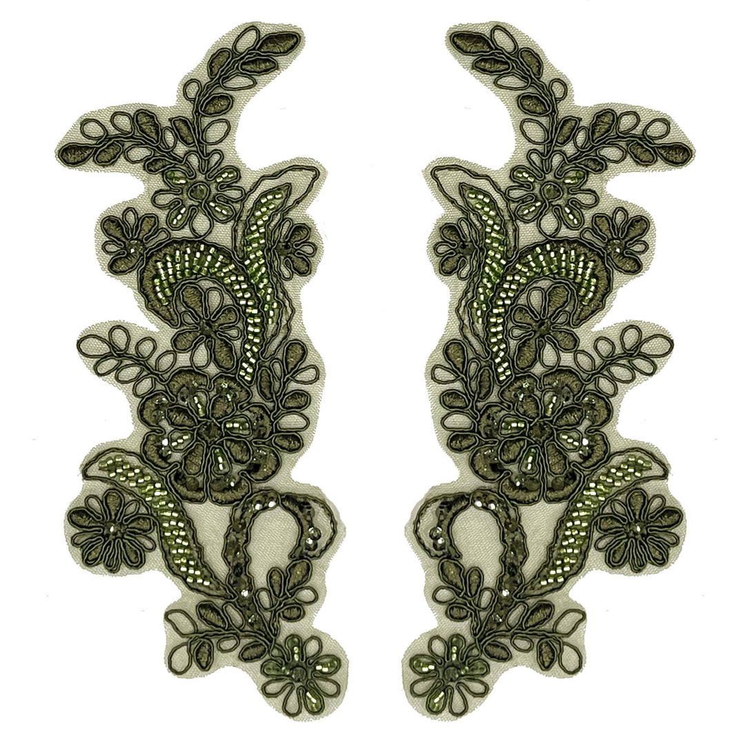 Olive Beaded & Corded Floral Lace Applique Embroidered on 100% Polyester Net Mesh | Lace USA - KZ-67
