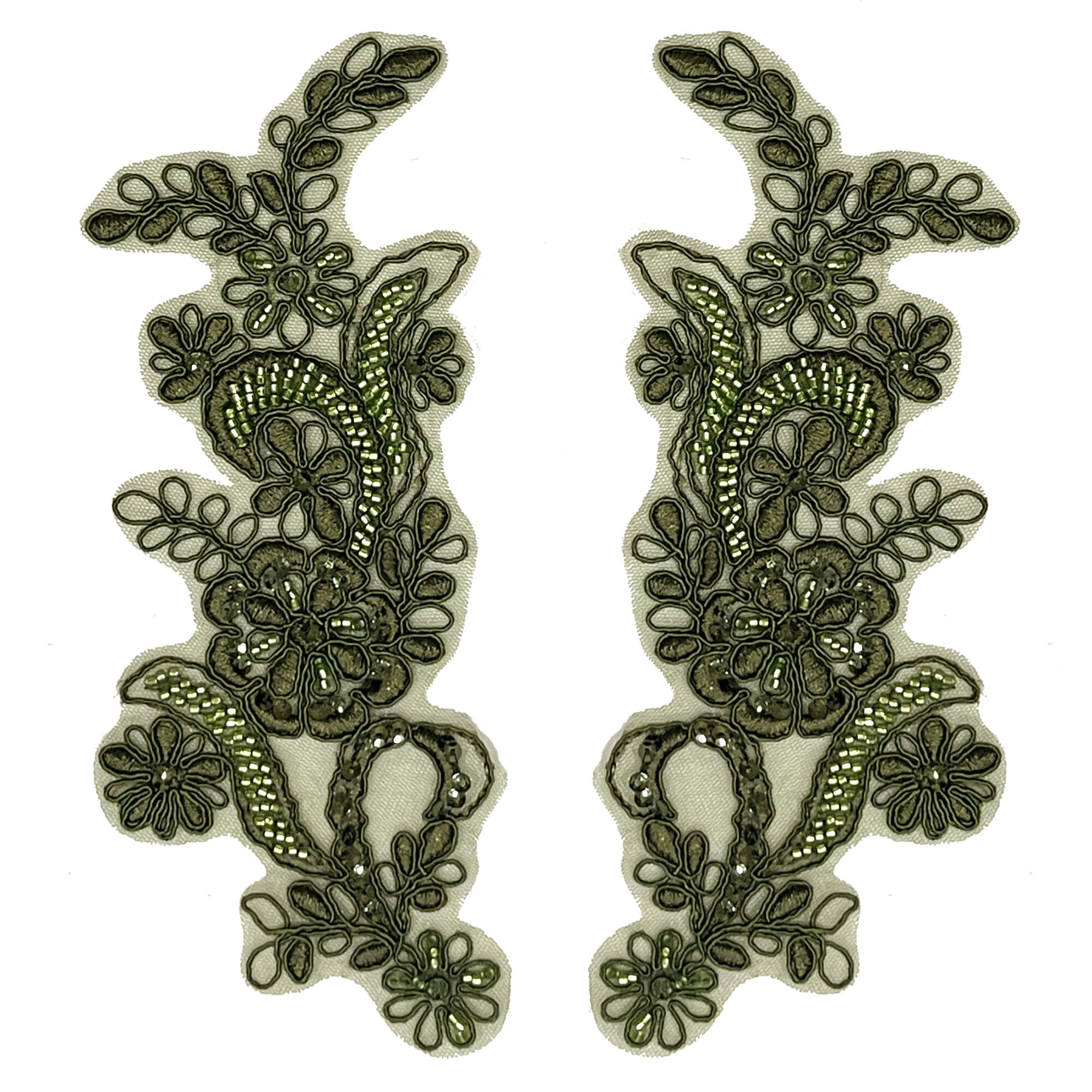 Olive Beaded & Corded Floral Lace Applique Embroidered on 100% Polyester Net Mesh | Lace USA - KZ-67
