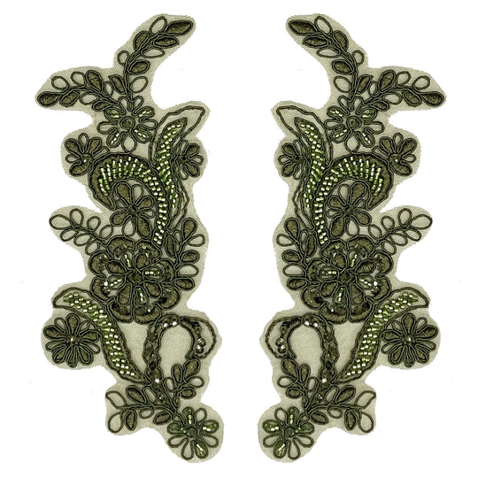 Olive Beaded & Corded Floral Lace Applique Embroidered on 100% Polyester Net Mesh | Lace USA - KZ-67