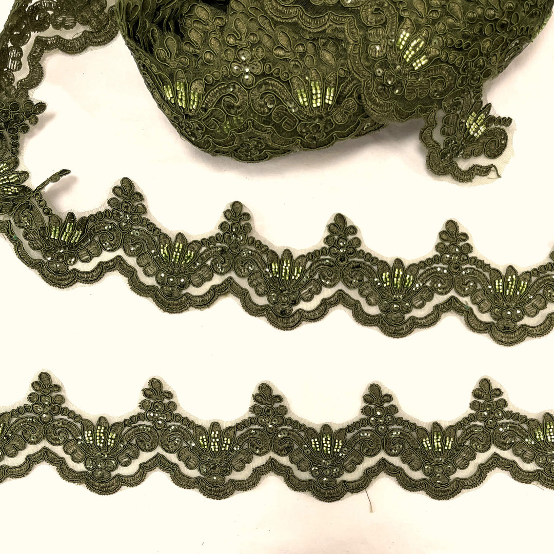 Beaded & Corded Lace Trimming Embroidered on 100% Polyester Net Mesh | Lace USA - KZ-34W-HB