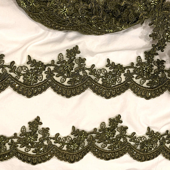 Adorno de encaje floral con cordón y cuentas bordado en malla de red 100 % poliéster | Encaje EE. UU.