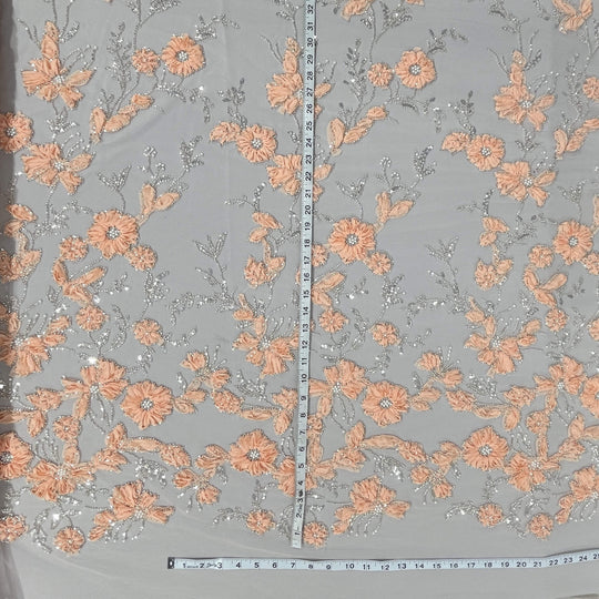 Beaded 3D Floral Lace Fabric Embroidered on 100% Polyester Net Mesh | Lace USA - GD-10143
