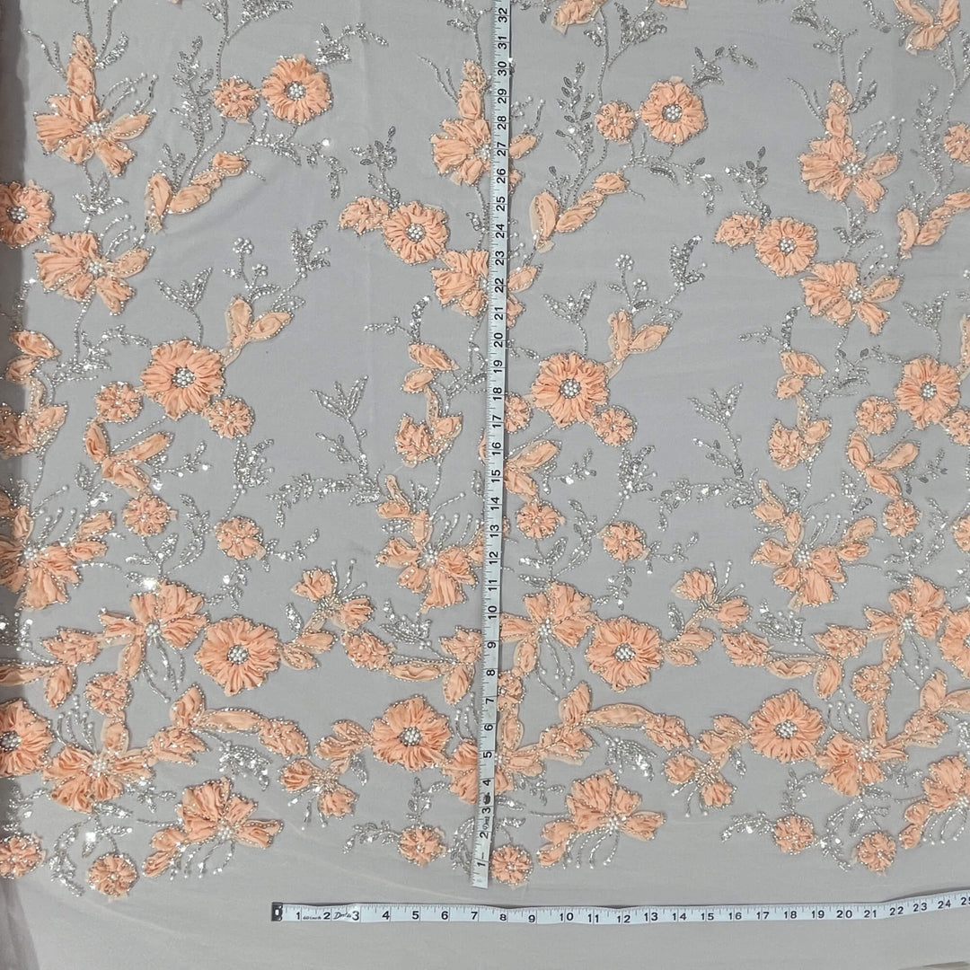 Peach floral lace fabric decorated with 3D flowers pearls and sequins on mesh with measuring tape LaceUSA GD-10143-1