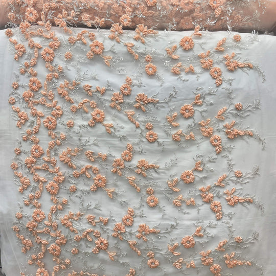 Full view of Beaded 3D Peach floral lace fabric with 3D flowers, pearls and sequins on mesh – costumelace by the yard