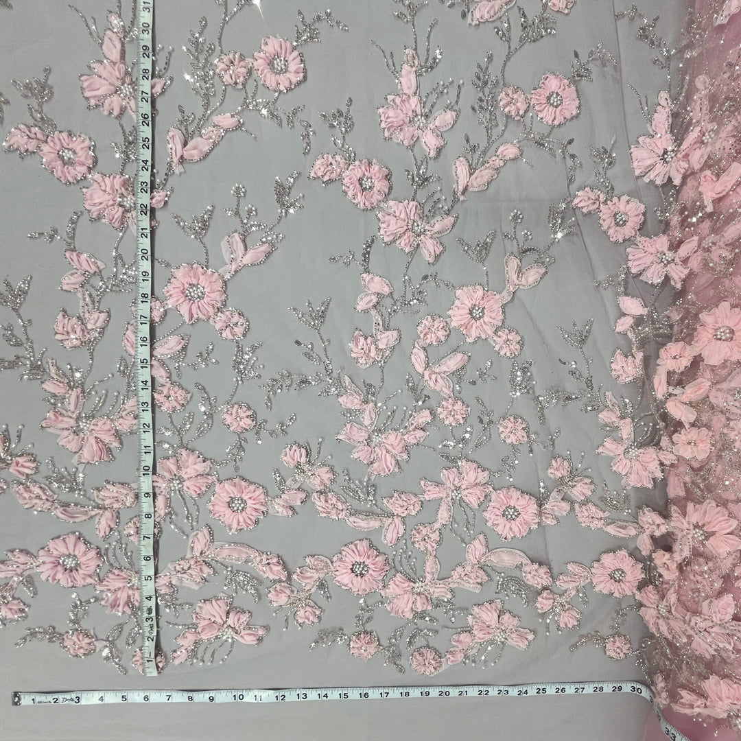 Beaded 3D Floral Lace Fabric Embroidered on 100% Polyester Net Mesh | Lace USA - GD-10143