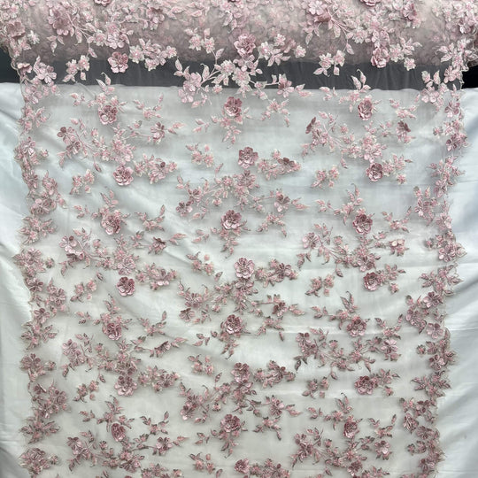 Full View of Pink  Beaded 3D Floral Lace-Fabric Embroidered on net mesh by LaceUSA  item GD1613 