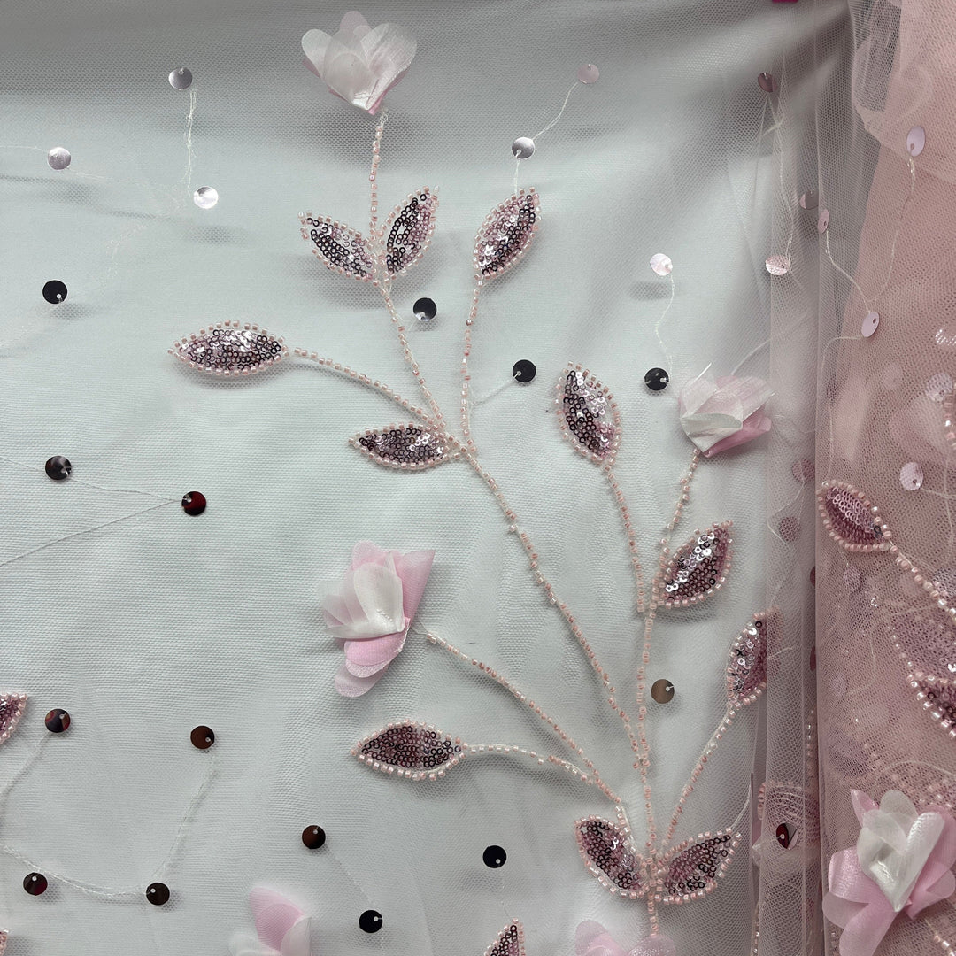 Beaded 3D Floral Lace Fabric Embroidered on 100% Polyester Net Mesh | Lace USA - GD-945